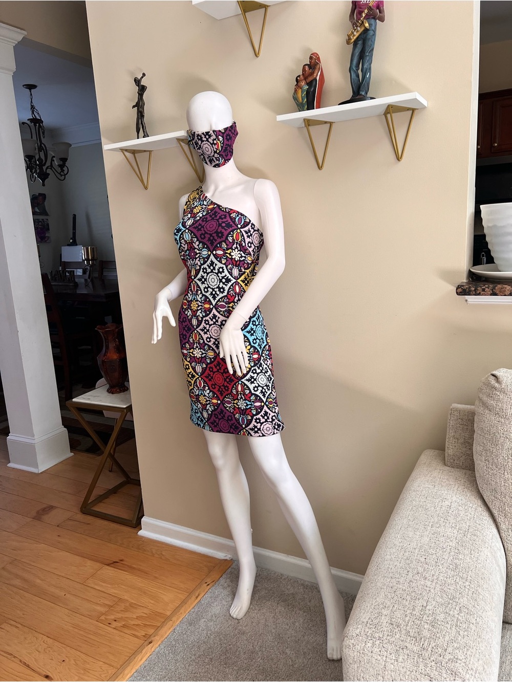 One-Shoulder Multicolor Tile Print Dress